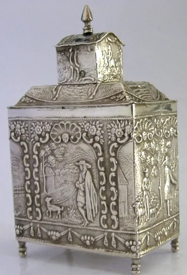 SUPERB SOLID SILVER TEA CADDY BOX 1890 DUTCH ANTIQUE 117g