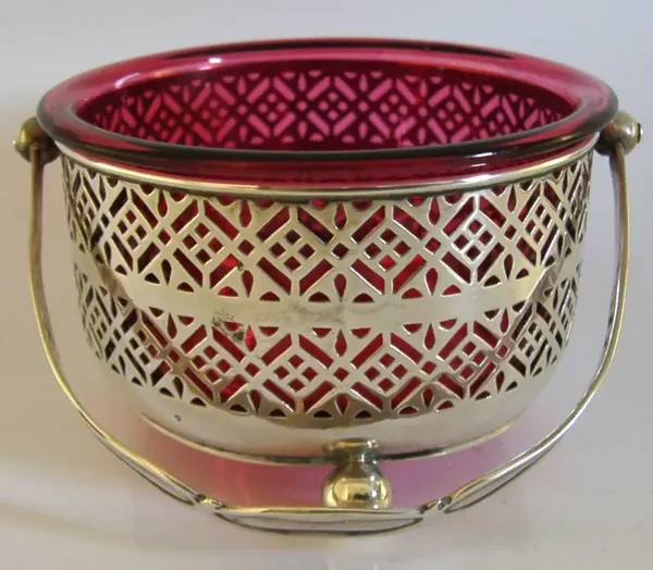 ENGLISH STERLING SILVER CRANBERRY GLASS SWING HANDLED BASKET 1909 ANTIQUE