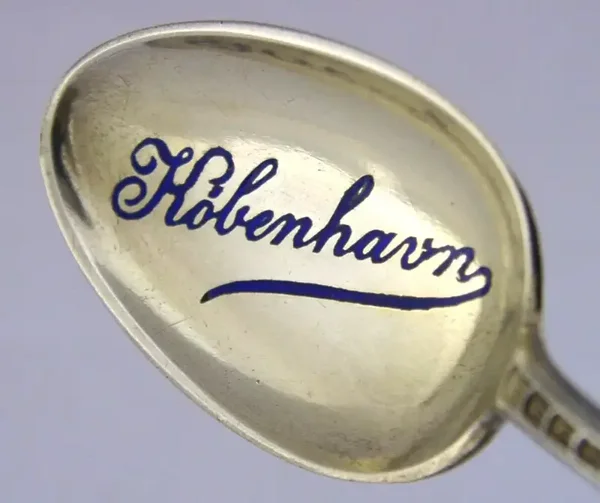 DANISH SOLID SILVER ENAMEL SOUVENIR SPOON c1920 COPENHAGEN