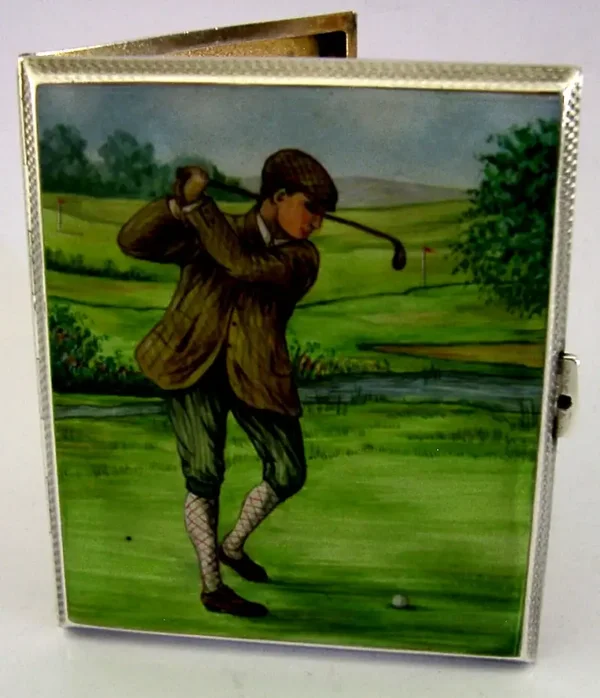SAMPSON MORDAN STERLING SILVER ENAMEL HAND PAINTED GOLF CIGARETTE CASE 1933