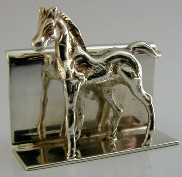 ENGLISH STERLING SILVER FOAL HORSE MENU HOLDER 2000 RIDING HUNTING