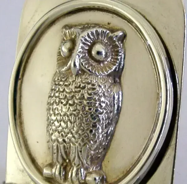 SUPERB HEAVY SOLID STERLING SILVER OWL MENU HOLDER 1987 ANIMAL 42g