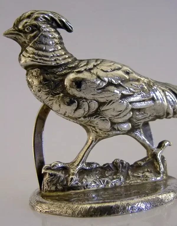 SUPERB LARGE SOLID STERLING SILVER GOLDEN PHEASANT MENU HOLDER 1977 ANIMAL 60g