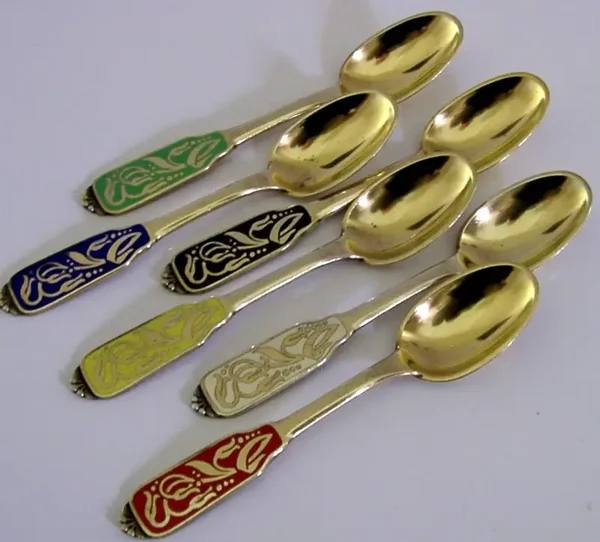 SIX DANISH STERLING SILVER GILT ENAMELLED SPOONS c1960s MID CENTURY MODERN