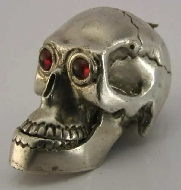 CRAZY SOLID STERLING SILVER SKULL BOX RED GEM STONE EYES c1980 STEAMPUNK GOTH