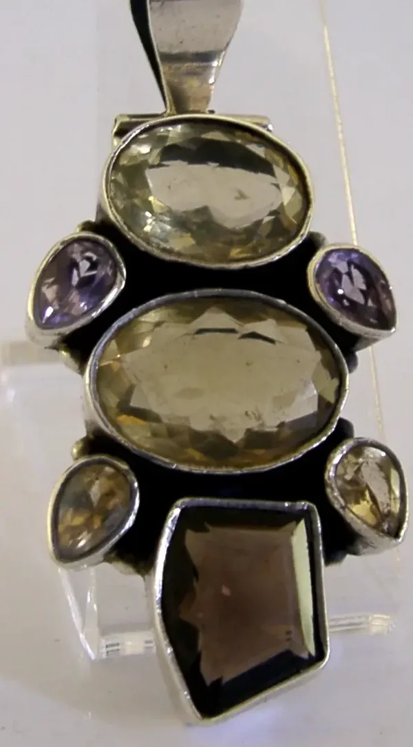 CHUNKY STERLING SILVER AMETHYST / CITRINE / SMOKY QUARTZ PENDANT c1970s RETRO