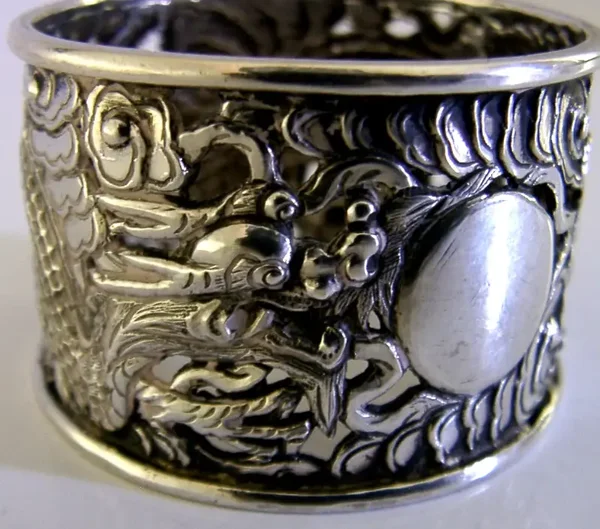 CHINESE EXPORT SILVER NAPKIN RING DRAGON WANG HING c1900 ANTIQUE