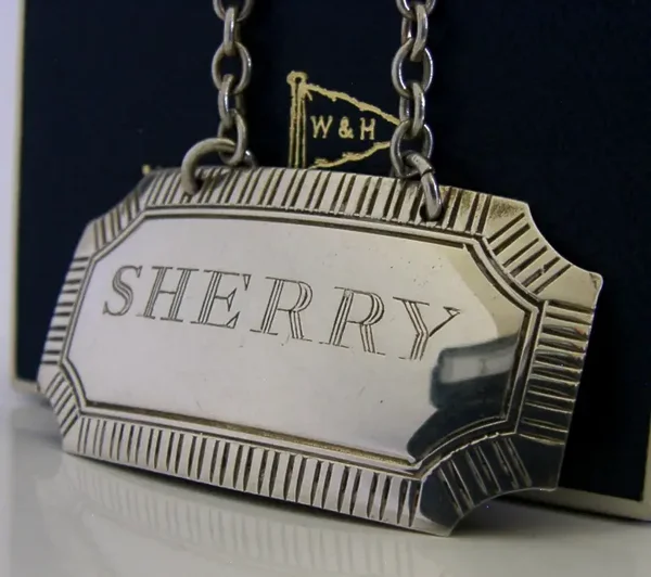 ENGLISH STERLING SILVER SHERRY WINE LABEL 1972 BARWARE BOXED