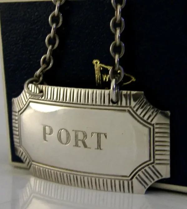 ENGLISH SOLID STERLING SILVER PORT WINE LABEL 1972 BARWARE BOXED