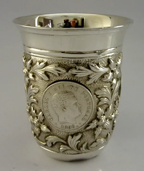 SUPERB HEAVY 129g PORTUGUESE 916 SOLID SILVER COIN BEAKER CUP c1950 MERGULHAO