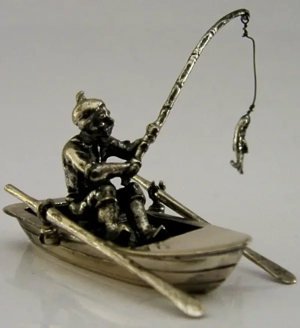 STERLING SILVER MINIATURE FISHERMAN in a BOAT c2000 FISHING 21g
