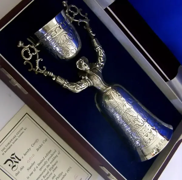 LARGE RARE ENGLISH STERLING SILVER WAGER CUP MARRIAGE 1973 275g PRINCESS ANNE