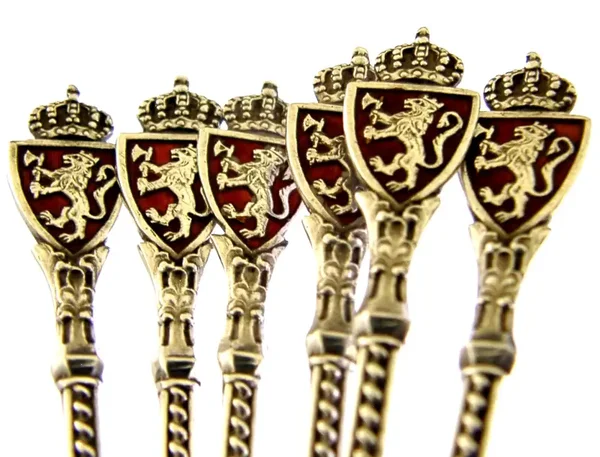 SIX NORWEGIAN SOLID STERLING SILVER ENAMEL SPOON c1920 NORWAY ANTIQUE