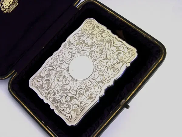STUNNING ENGLISH STERLING SILVER LEFT HANDLED CARD CASE 1903 ANTIQUE CASED