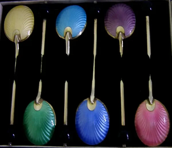 ENGLISH STERLING SILVER GILT ENAMEL COFFEE BEAN SPOONS 1962 CASED ART DECO