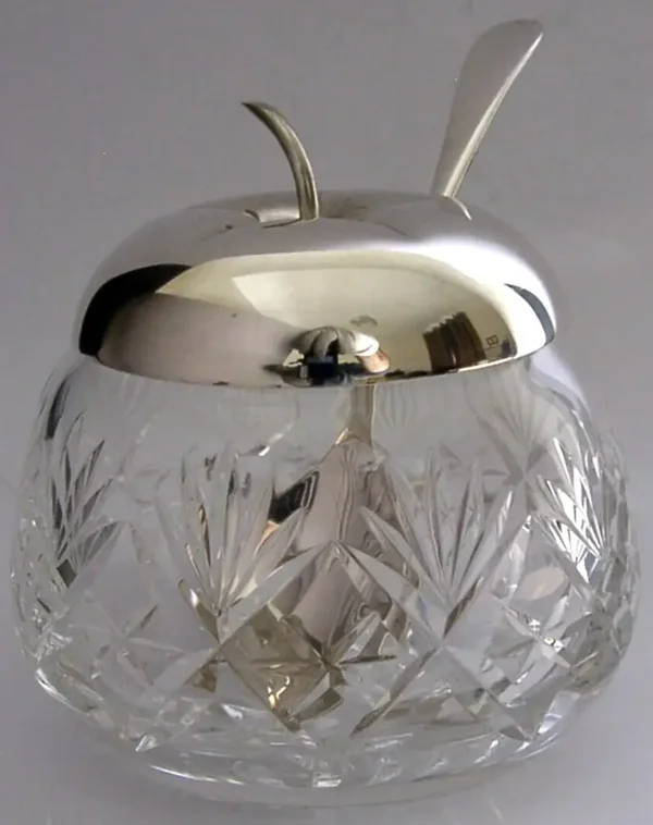 ENGLISH STERLING SILVER CUT GLASS APPLE SAUCE POT & SPOON 1996 HEAVY 394g