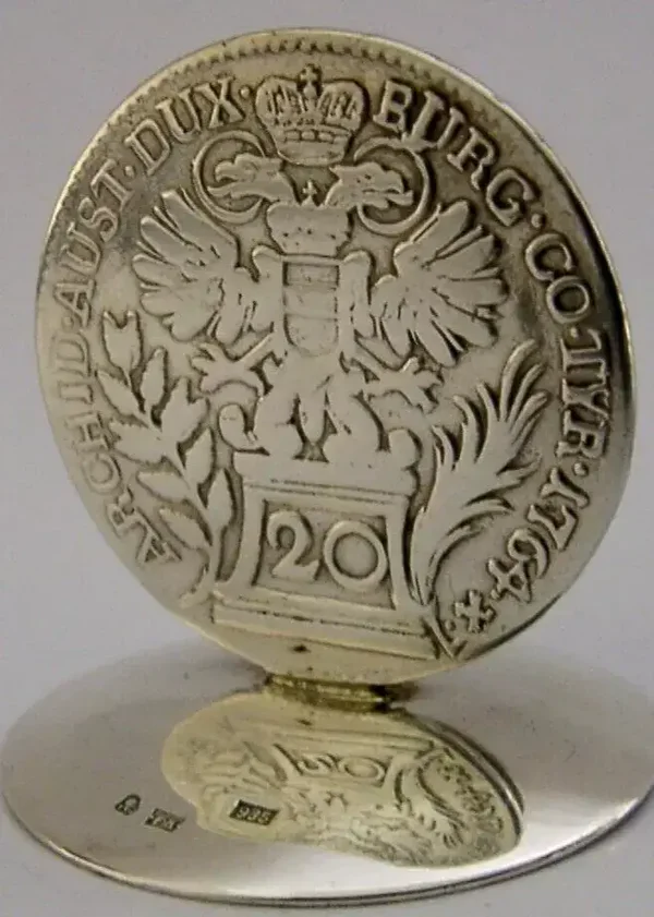 UNUSUAL AUSTRIAN SOLID SILVER 1764 COIN MENU HOLDER c1940 ANTIQUE