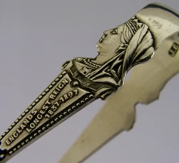 RARE QUEEN VICTORIA STERLING SILVER SOUVENIR SUGAR TONGS 1896 ROYAL ANTIQUE
