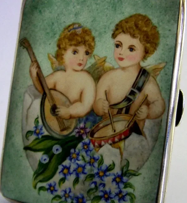 RARE STERLING SILVER ENAMEL MUSICAL CHERUBS in EGG CIGARETTE CASE 1921 ANTIQUE