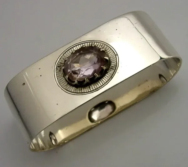 ARTS & CRAFTS STERLING SILVER AMETHYST NAPKIN RING 1930 ENGLISH ANTIQUE