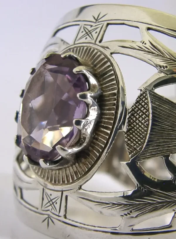 SUPERB STERLING SILVER SCOTTISH THISTLE AMETHYST NAPKIN RING 1929 ANTIQUE