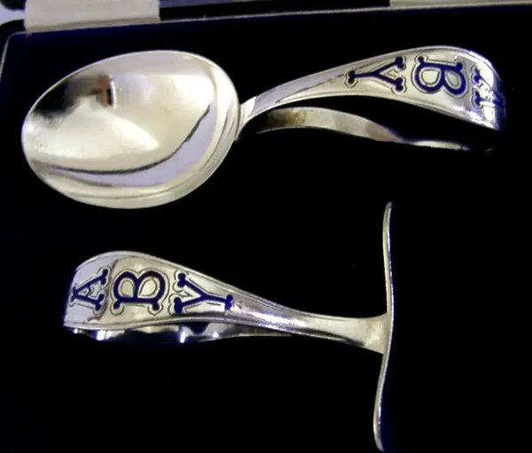 STERLING SILVER ENAMEL BABY FEEDING SET CHRISTENING GIFT 1922 ANTIQUE