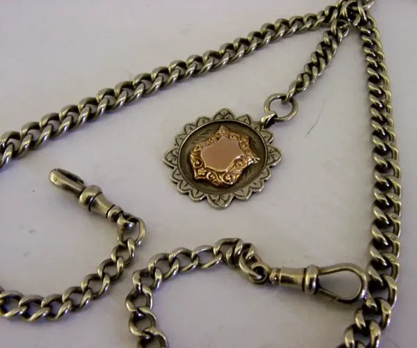 ENGLISH 50g SOLID STERLING SILVER WATCH CHAIN & FOB 1910 ANTIQUE