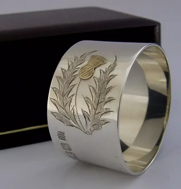 CASED MINT STERLING SILVER & GOLD SCOTTISH THISTLE NAPKIN RING 1977