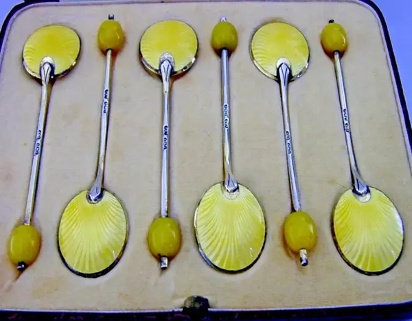 ENGLISH STERLING SILVER YELLOW ENAMEL SPOONS 1939 CASED ART DECO ANTIQUE