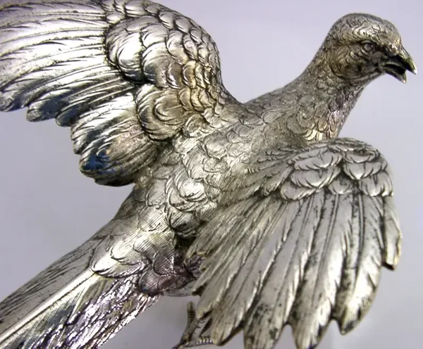 LARGE RARE BELGIUM 835 GRADE SILVER PHEASANT BIRD FIGURE c1960 HUNTING SHOOTING