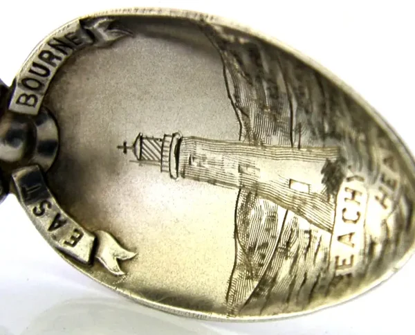 UNUSUAL STERLING SILVER ENAMEL BEACHY HEAD LIGHTHOUSE SPOON 1904 ANTIQUE