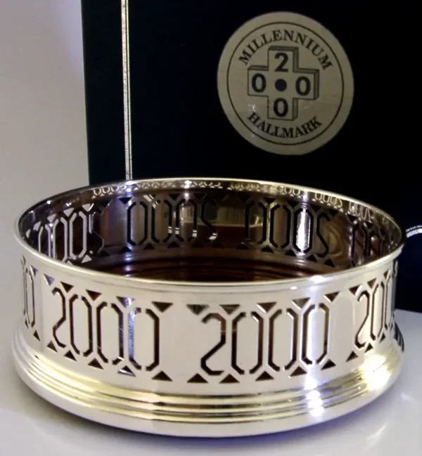LARGE STERLING SILVER 2000 CHAMPAGNE / WINE COASTER BARWARE 5 inch
