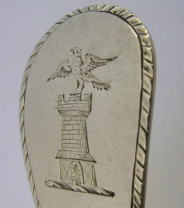HESTER BATEMAN STERLING SILVER DOVE FAMILY CRESTED RUNCIBLE SPOON 1780's ANTIQUE