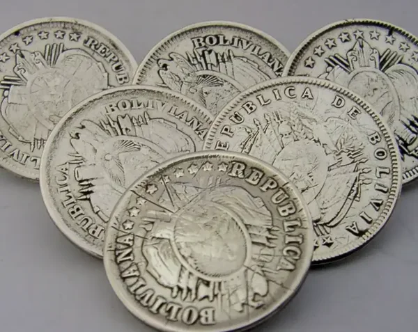 UNUSUAL ANTIQUE SOLID SILVER BOLIVIAN COIN BUTTONS 1884 -1909 28g BOLIVIA