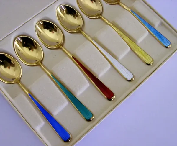 CASED STERLING SILVER ENAMEL SPOONS NORWEGIAN c1970 RETRO VINTAGE NORWAY