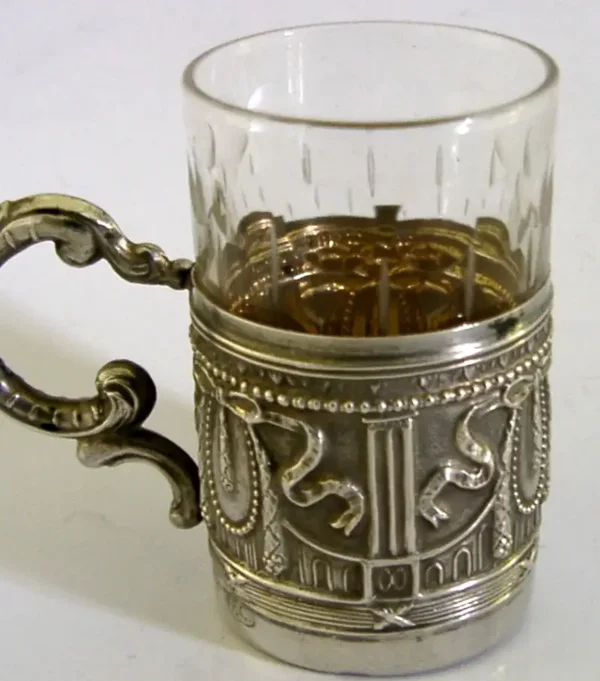 BEAUTIFUL 800 SOLID SILVER & GLASS WHISKY SHOT TOT CUP c1920 ANTIQUE BARWARE