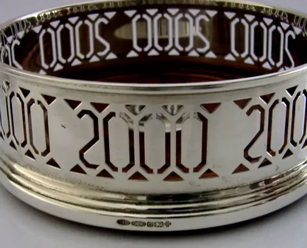 LARGE STERLING SILVER YEAR 2000 WINE CHAMPAGNE BOTTLE COASTER BARWARE