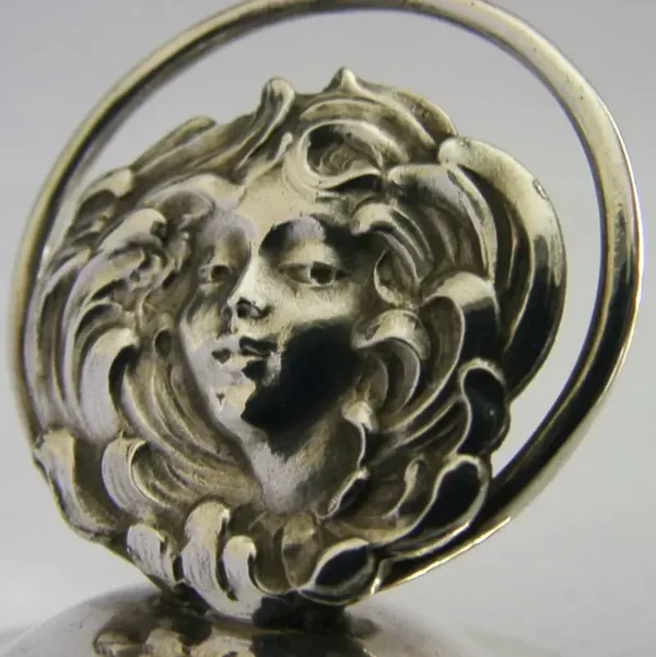 ART NOUVEAU ANTIQUE MAIDEN STERLING SILVER MENU HOLDER 1905