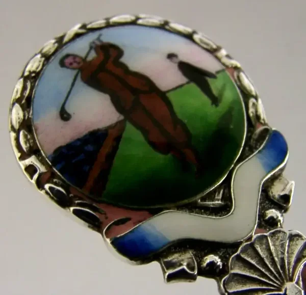 SPORTING ANTIQUE STERLING SILVER ENAMEL GOLF SPOON 1930 ART DECO GOLFING