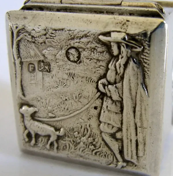 ANTIQUE DUTCH STERLING SILVER BOX 1894 DOG WALKING MINT