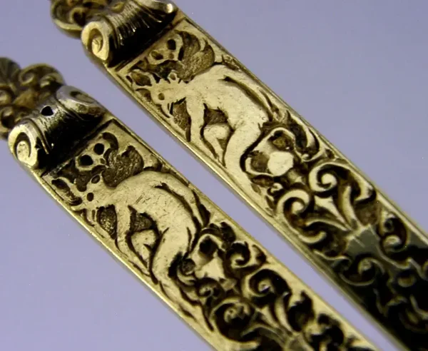 UNUSUAL VICTORIAN 104g STERLING SILVER GILT DEVIL ? SERVING SPOONS 1864 ANTIQUE