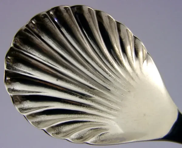 MINT ENGLISH SOLID STERLING SILVER SCALLOPED BOWL CADDY SPOON 1943
