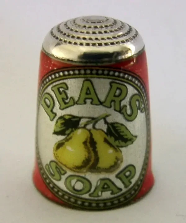 STERLING SILVER ENAMEL PEARS SOAP ADVERTISING THIMBLE 1987 NEEDLEWORK