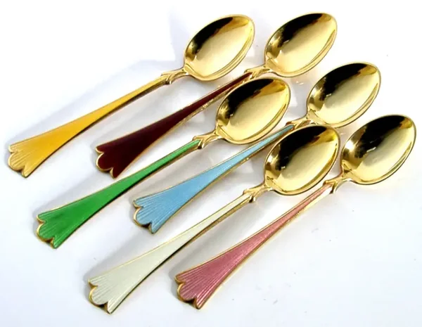 SIX BEAUTIFUL NORWEGIAN SOLID STERLING SILVER GILT ENAMEL SPOONS c1970s