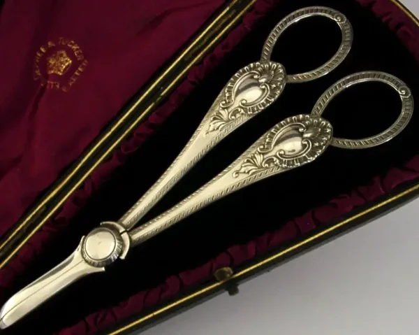 104g CASED VICTORIAN ENGLISH STERLING SILVER GRAPE SHEARS 1883 ANTIQUE SUPERB