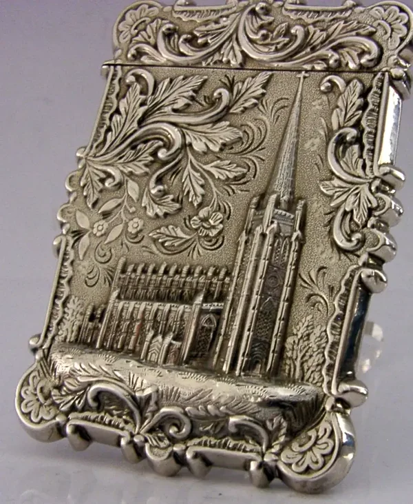 RARE AMERICAN STERLING SILVER TRINITY CHURCH CASTLE TOP CARD CASE c1850 ANTIQUE