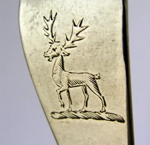 STERLING SILVER STAG DEER FAMILY CRESTED SERVING SPOON 1789 GEORGIAN ANTIQUE 54g