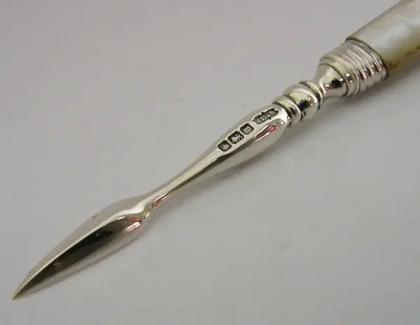 ENGLISH SOLID STERLING SILVER MOTHER OF PEARL NUT PICK 1914 ANTIQUE