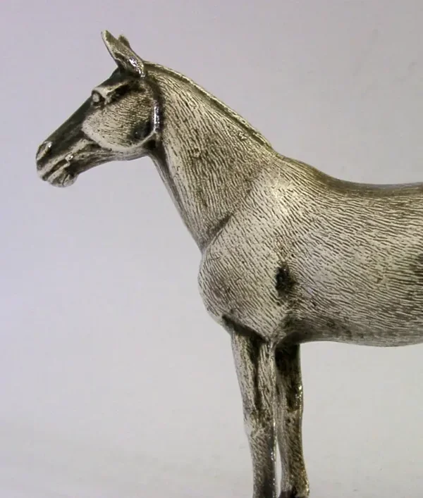 GOOD SIZED ENGLISH SILVER PLATED HORSE DESK FIGURE c1950s HUNTING RIDING RACING