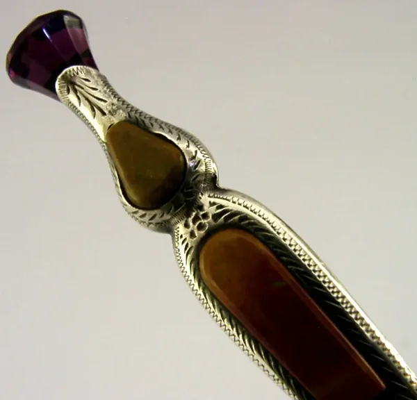 3.75 inch STERLING SILVER AGATE AMETHYST SCOTTISH THISTLE KILT PIN BROOCH c1950s